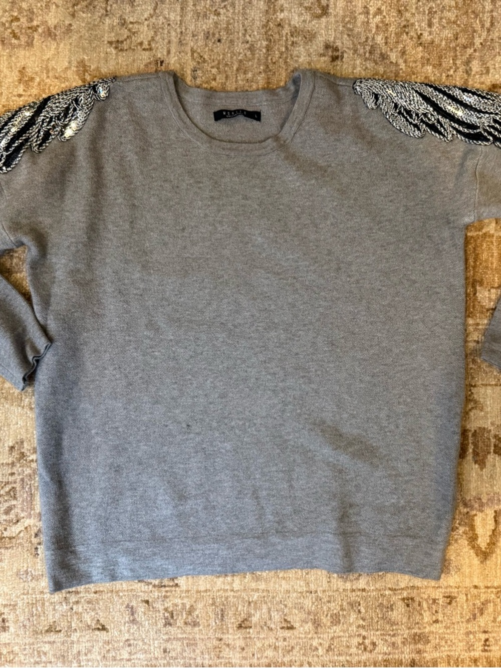 Embellished Shoulder Crewneck Sweater - Gray